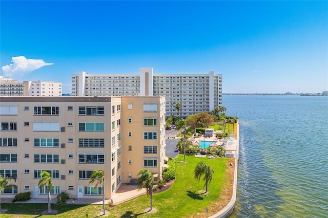 exterior space with a water view