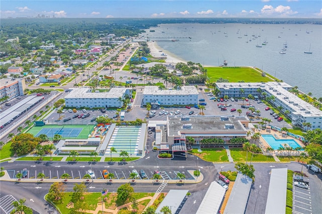 drone / aerial view with a water view