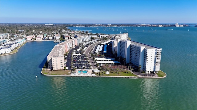 aerial view featuring a view of city and a water view