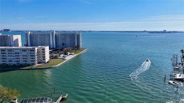 aerial view featuring a city view and a water view