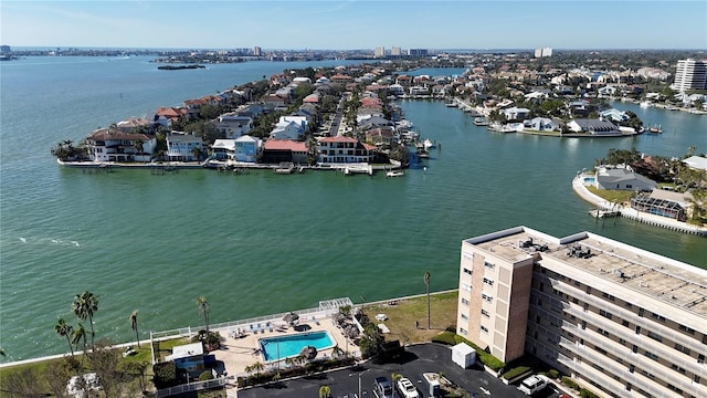 bird's eye view with a water view and a view of city