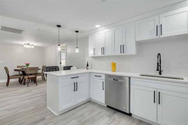 kitchen with stainless steel dishwasher, sink, kitchen peninsula, and white cabinets