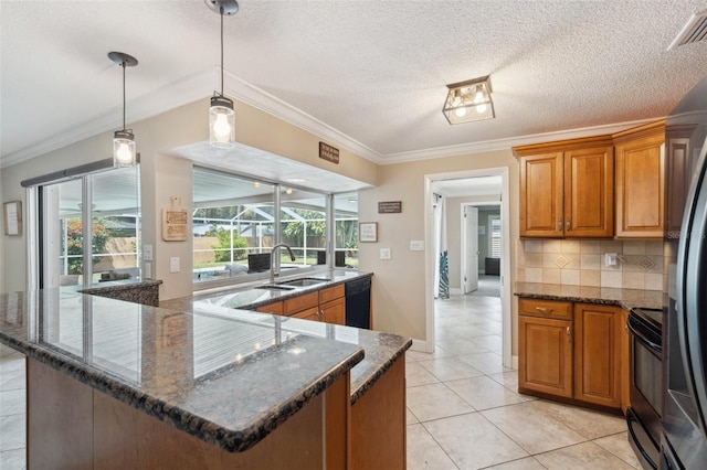 kitchen with light tile patterned flooring, pendant lighting, decorative backsplash, dishwasher, and electric range oven