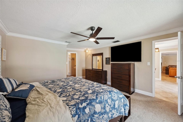 carpeted bedroom featuring a textured ceiling, crown molding, and ceiling fan