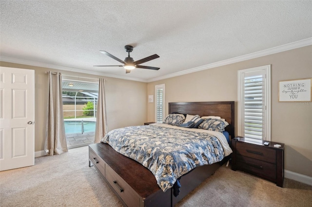 bedroom featuring light carpet, a textured ceiling, access to outside, and ceiling fan