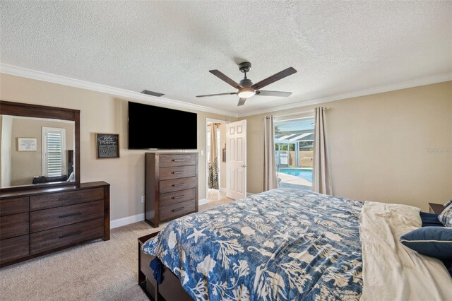 bedroom with a textured ceiling, access to outside, ceiling fan, light carpet, and ornamental molding