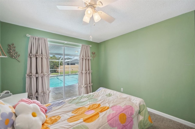 bedroom with carpet flooring, a textured ceiling, access to outside, and ceiling fan