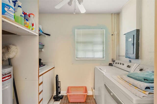 clothes washing area featuring ceiling fan, electric panel, and washing machine and clothes dryer