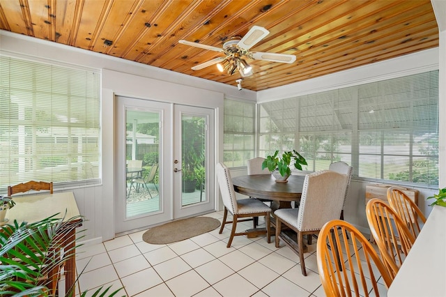 sunroom / solarium featuring wood ceiling, a wealth of natural light, french doors, and ceiling fan