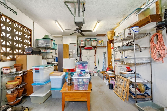 storage room featuring ceiling fan