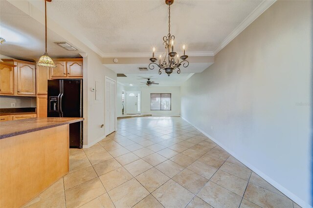 kitchen featuring light tile patterned floors, black fridge with ice dispenser, ceiling fan with notable chandelier, and decorative light fixtures