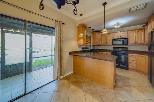 kitchen featuring sink, hanging light fixtures, ornamental molding, black appliances, and kitchen peninsula