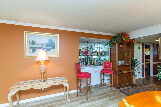 living area with ornamental molding, a textured ceiling, and light wood-type flooring