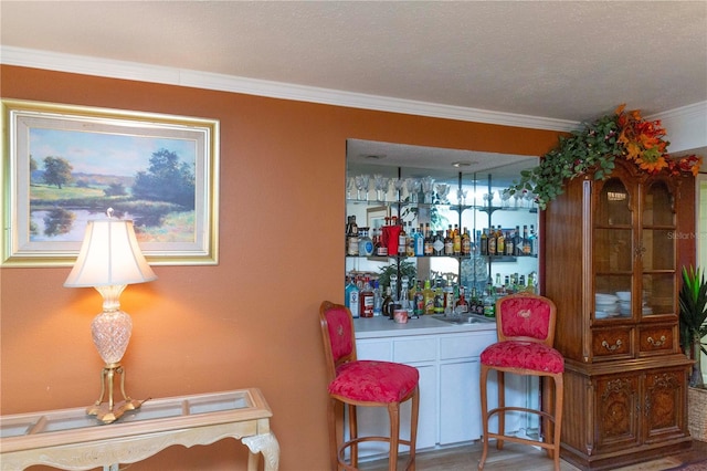 bar featuring ornamental molding, wood-type flooring, and a textured ceiling