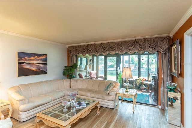 living room with crown molding and light wood-type flooring