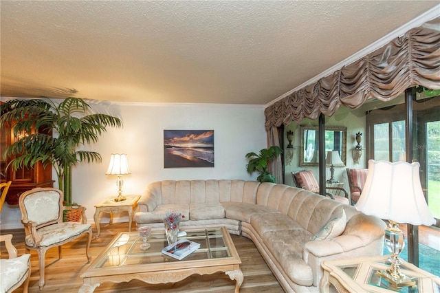 living room featuring ornamental molding, a textured ceiling, and hardwood / wood-style floors