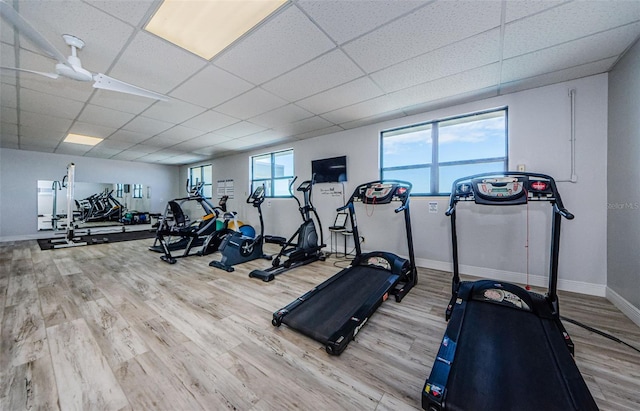 gym with hardwood / wood-style floors and a drop ceiling