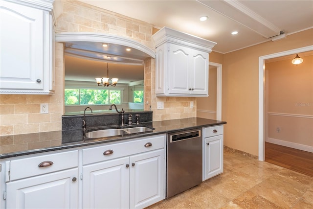 kitchen with light wood-type flooring, stainless steel dishwasher, backsplash, white cabinets, and crown molding