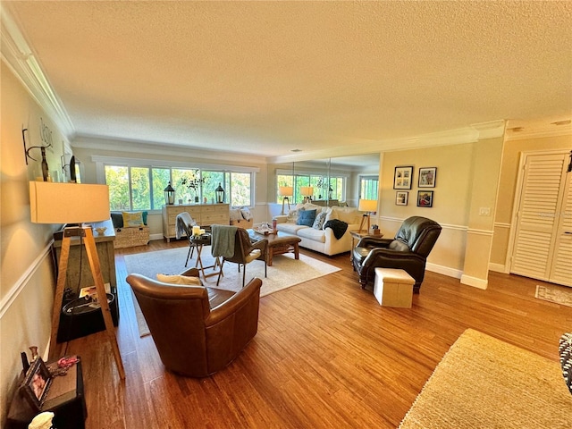 living room with wood-type flooring, ornamental molding, and a textured ceiling