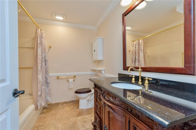 full bathroom featuring shower / tub combo with curtain, vanity, crown molding, tile patterned floors, and toilet