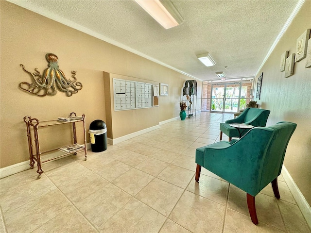 living area with light tile patterned flooring, crown molding, and a textured ceiling