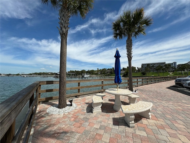 view of patio / terrace featuring a water view