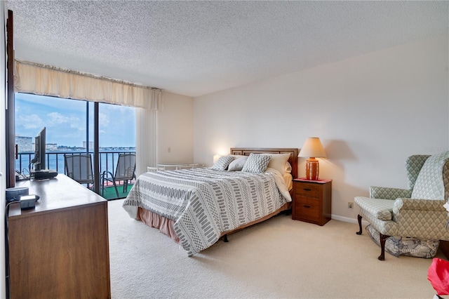 carpeted bedroom with access to exterior and a textured ceiling