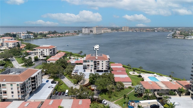 drone / aerial view with a water view