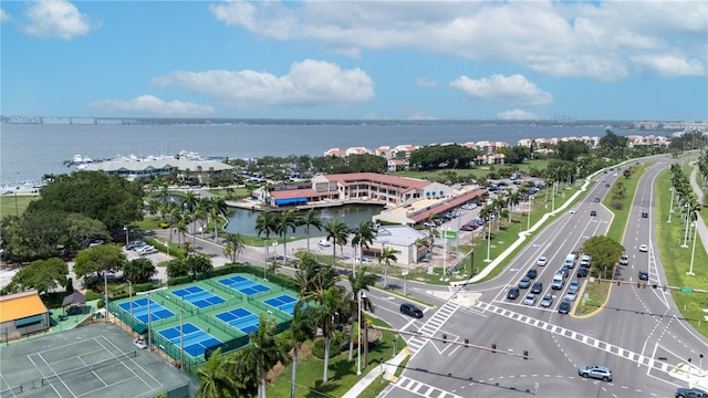 bird's eye view with a water view