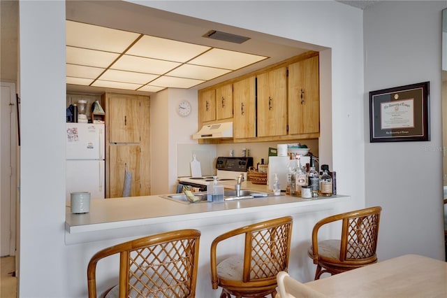 kitchen with kitchen peninsula, a paneled ceiling, and white appliances