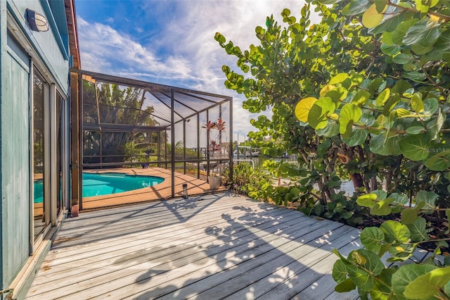 wooden terrace with a lanai