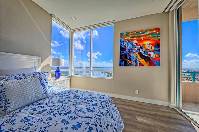 bedroom featuring dark wood-type flooring and a water view