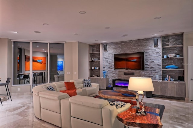 tiled living room featuring built in features