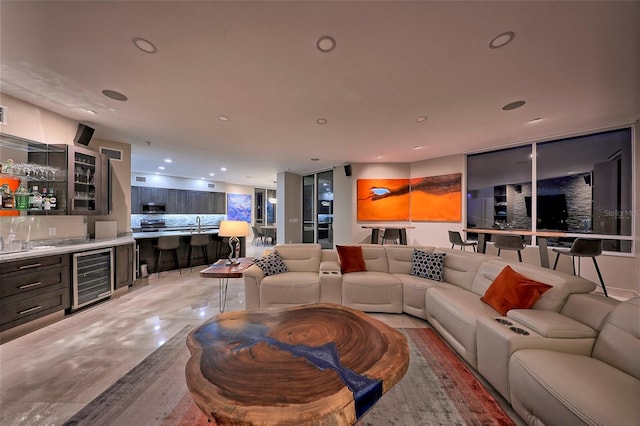 tiled living room with beverage cooler