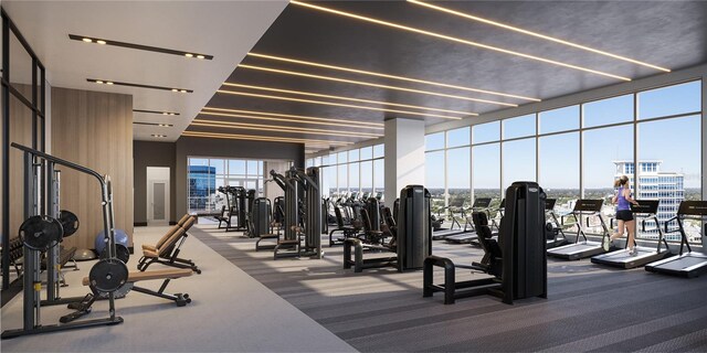 exercise room featuring carpet and floor to ceiling windows