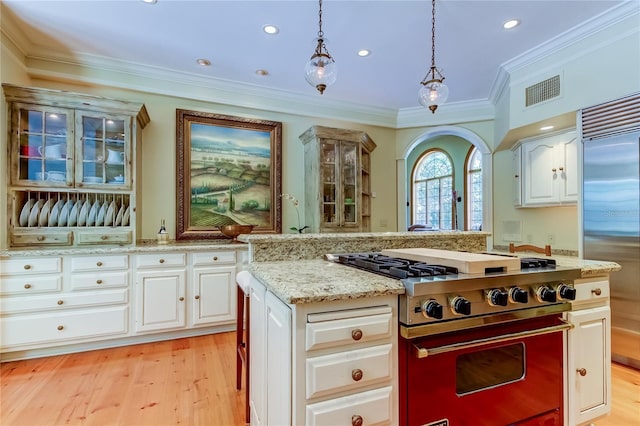 kitchen featuring high end appliances, hanging light fixtures, light hardwood / wood-style floors, and white cabinetry