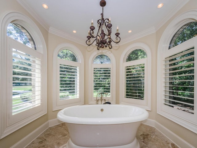 2901 Leprechaun Ln, Palm Harbor, FL 34683 - full bath with baseboards, recessed lighting, a freestanding tub, and a chandelier
