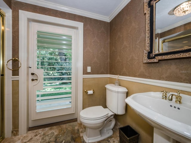 bathroom featuring a healthy amount of sunlight, toilet, ornamental molding, and sink