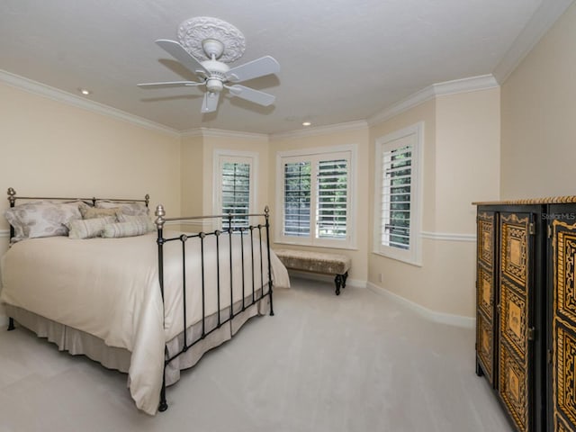2901 Leprechaun Ln, Palm Harbor, FL 34683 - carpeted bedroom featuring baseboards, ornamental molding, ceiling fan, and recessed lighting