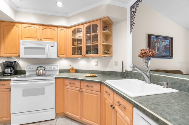 kitchen with light tile patterned floors, crown molding, white appliances, sink, and lofted ceiling