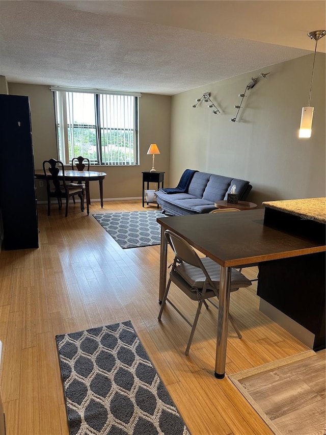 living room with hardwood / wood-style flooring and a textured ceiling