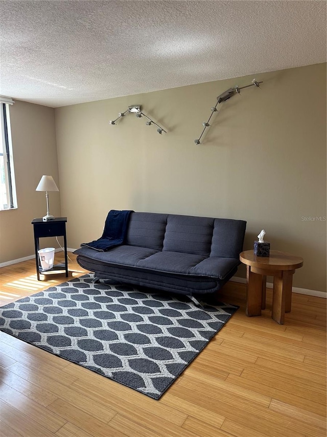 living room with a textured ceiling, light hardwood / wood-style floors, and rail lighting