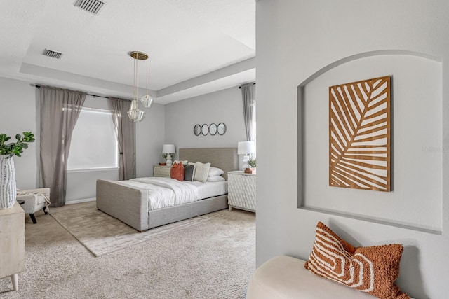 bedroom featuring a tray ceiling and light colored carpet