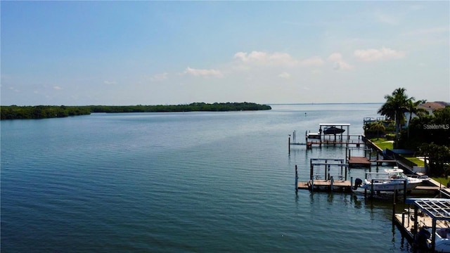 view of dock with a water view and boat lift