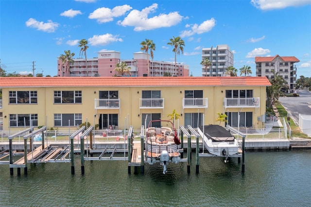 dock area featuring a balcony and a water view