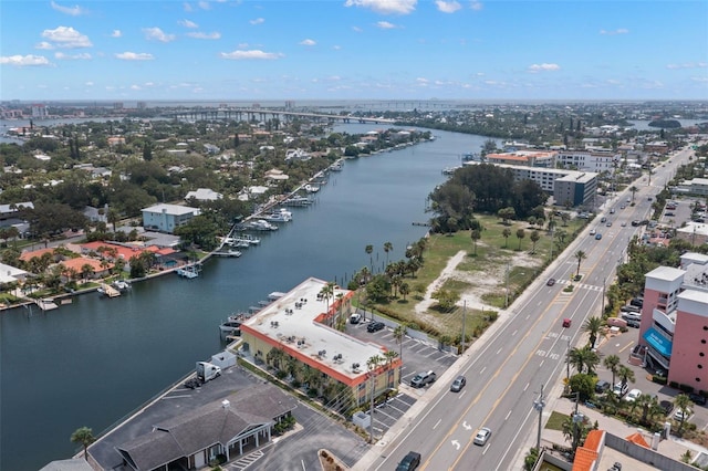 drone / aerial view with a water view