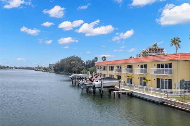 dock area featuring a balcony and a water view