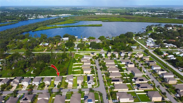 drone / aerial view featuring a water view