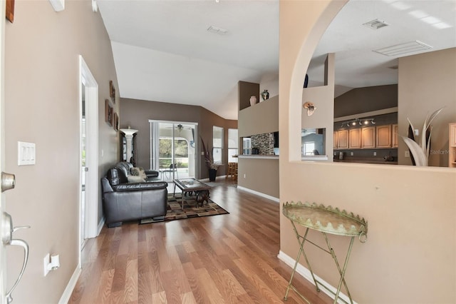 living room featuring wood-type flooring and lofted ceiling