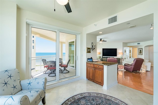 living room with light hardwood / wood-style flooring and ceiling fan